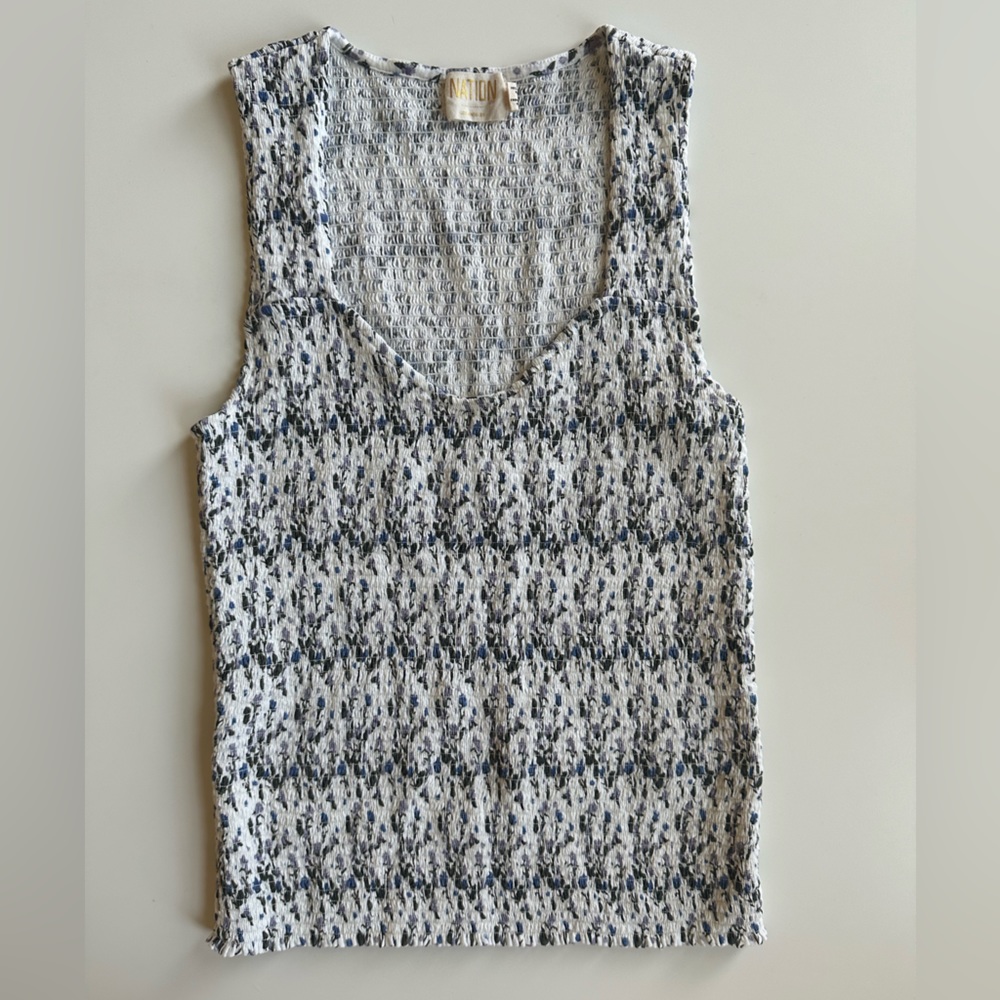 Nation LTD Floral White and Blue Smocked Tank Top, Size Small, 100% Cotton